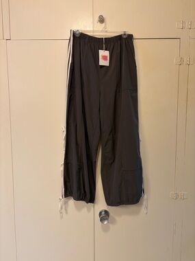 NWT Charcoal Gray Track Pants with White Side Stripes, Ties and Slits